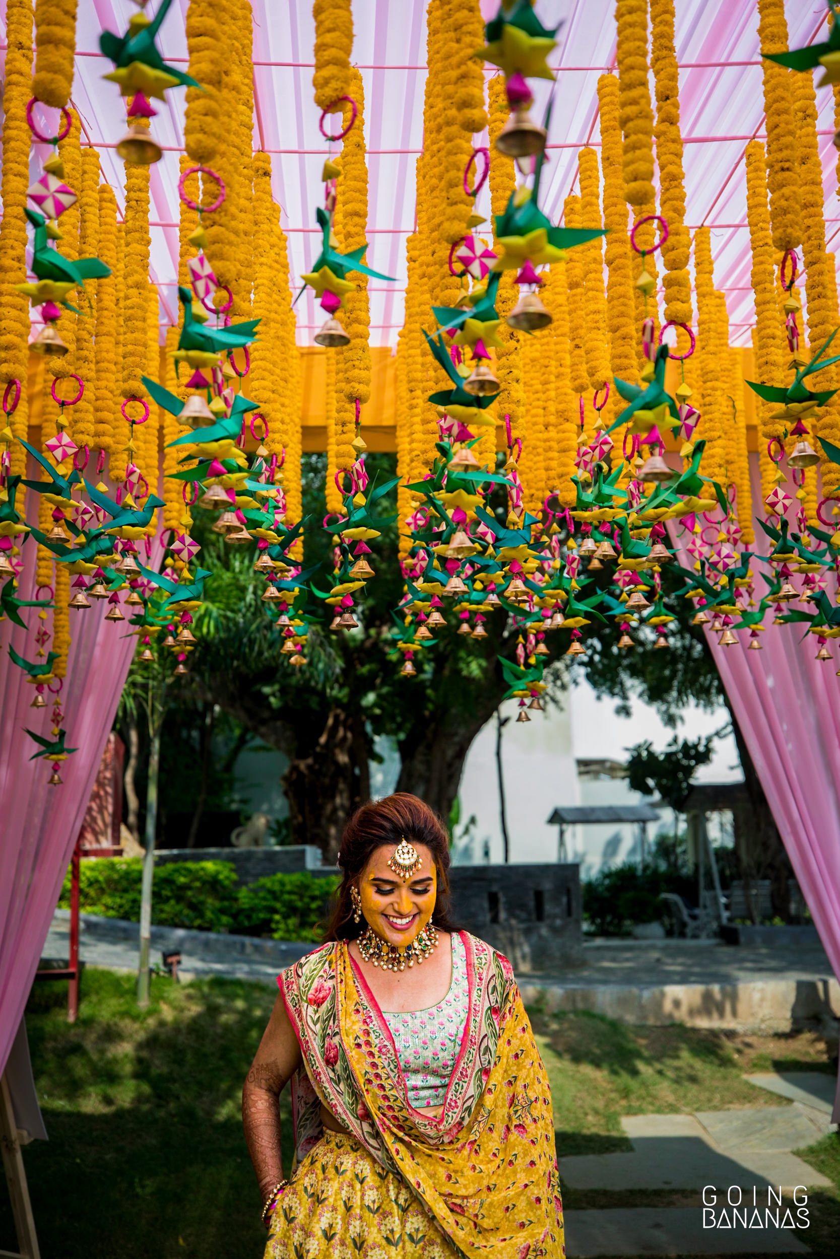 Bride in Anita Dongre at the haldi at Taj Aravali Udaipur