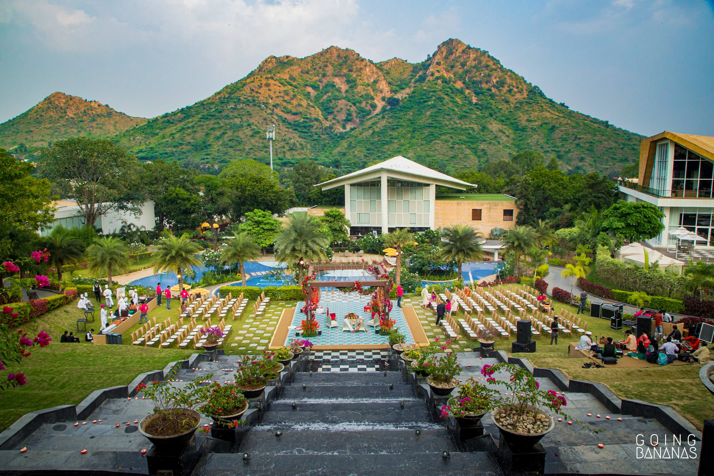 The wedding mandap set against the mountains at Taj Aravali Udaipur