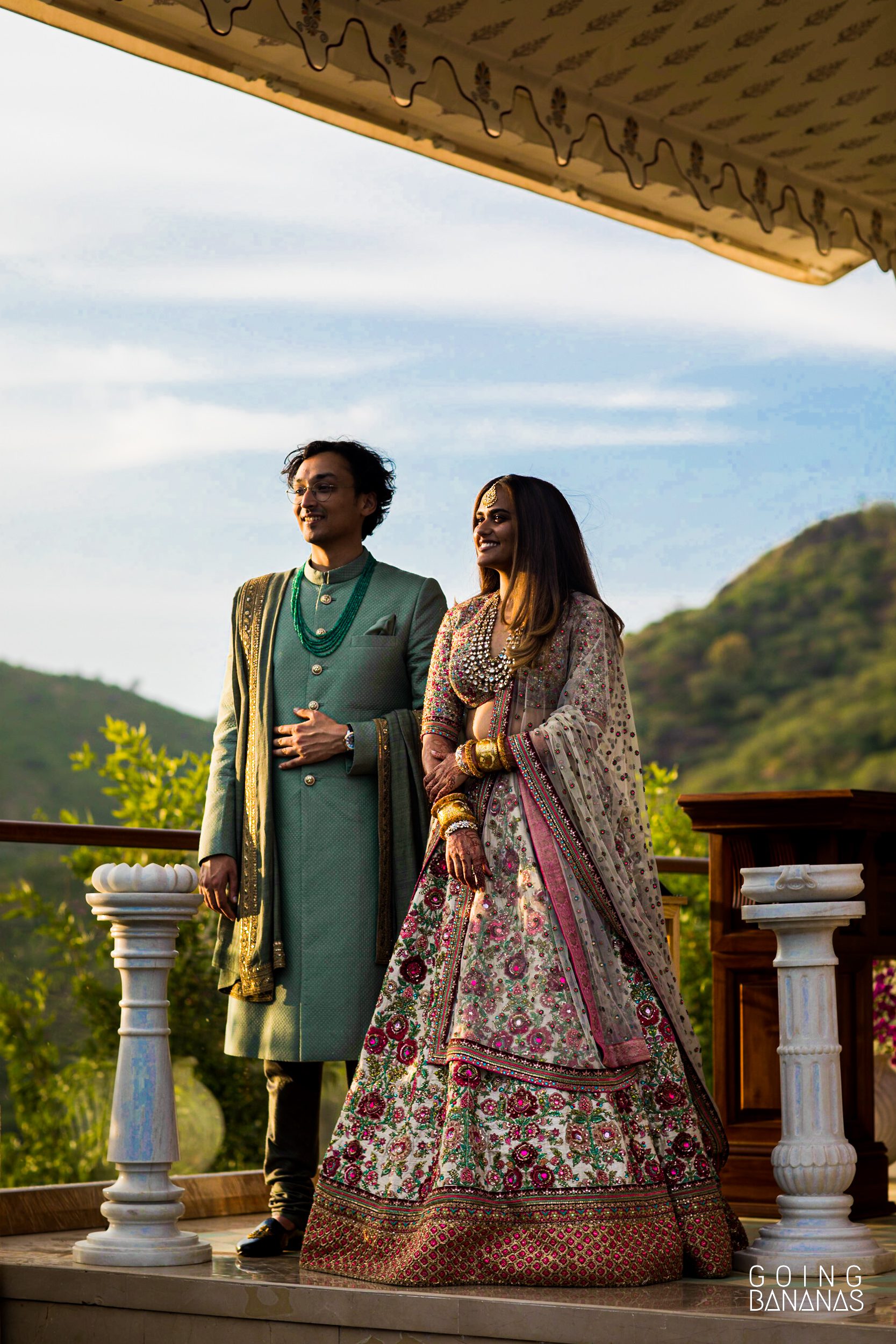 Bride and groom in Sabyasachi at Taj Aravalis Udaipur