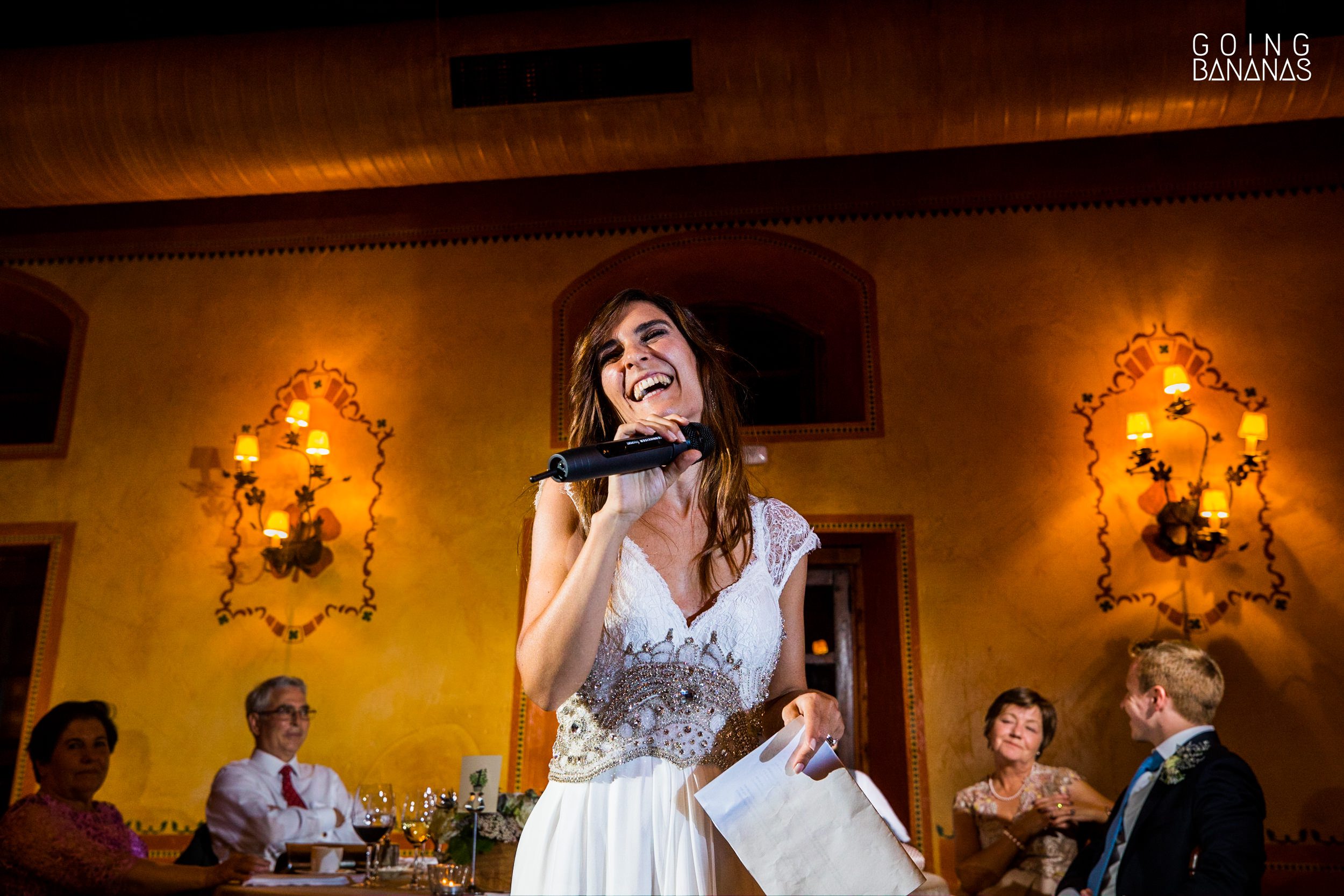 Bride giving wedding toast at Antigua Fábrica de Harinas